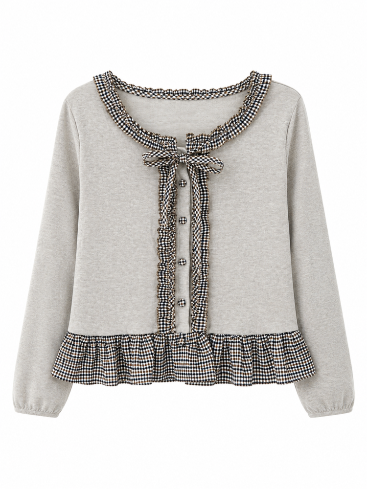 Ribbon Gingham Cardigan - Gambar Galeri