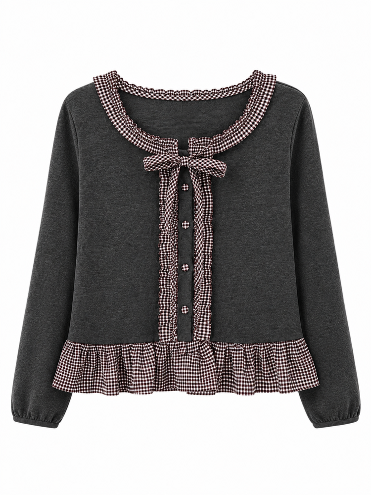 Ribbon Gingham Cardigan - Gambar Galeri