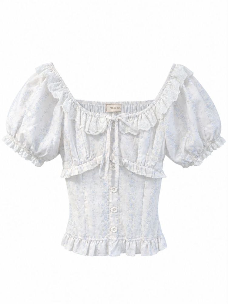 Vintage Floral Ruffle Sweetheart Blouse - Gambar Galeri