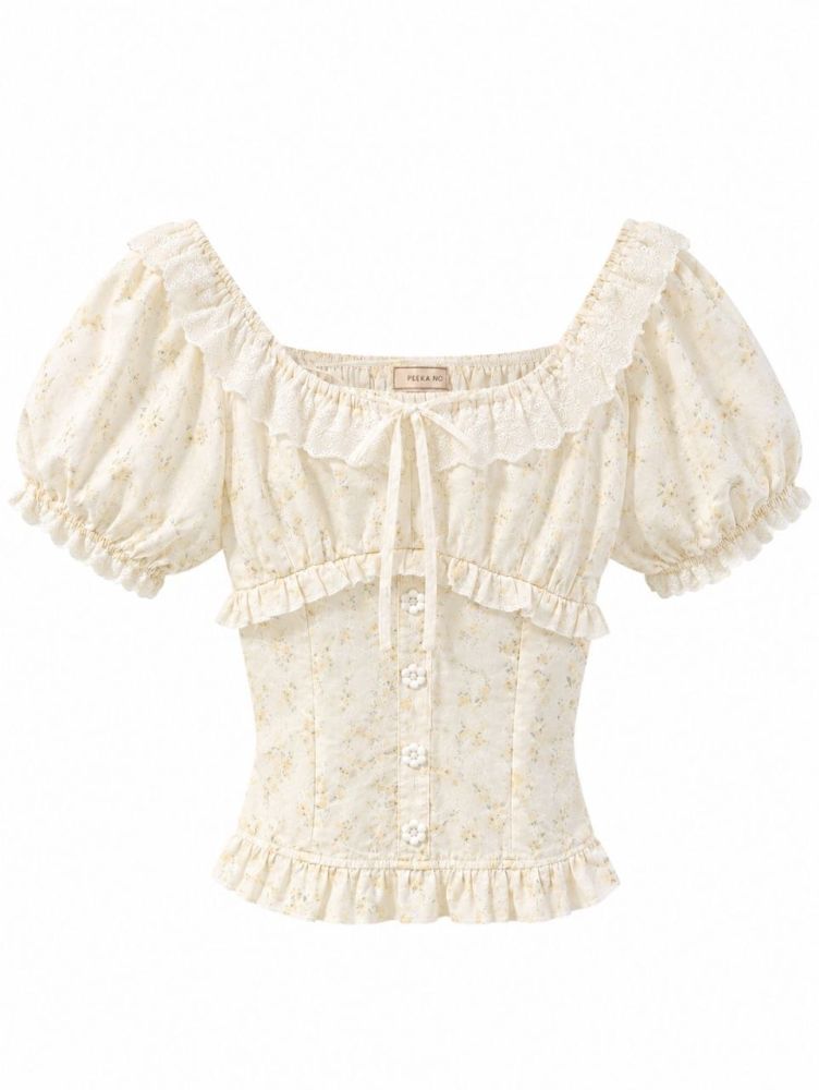 Vintage Floral Ruffle Sweetheart Blouse - Gambar Galeri