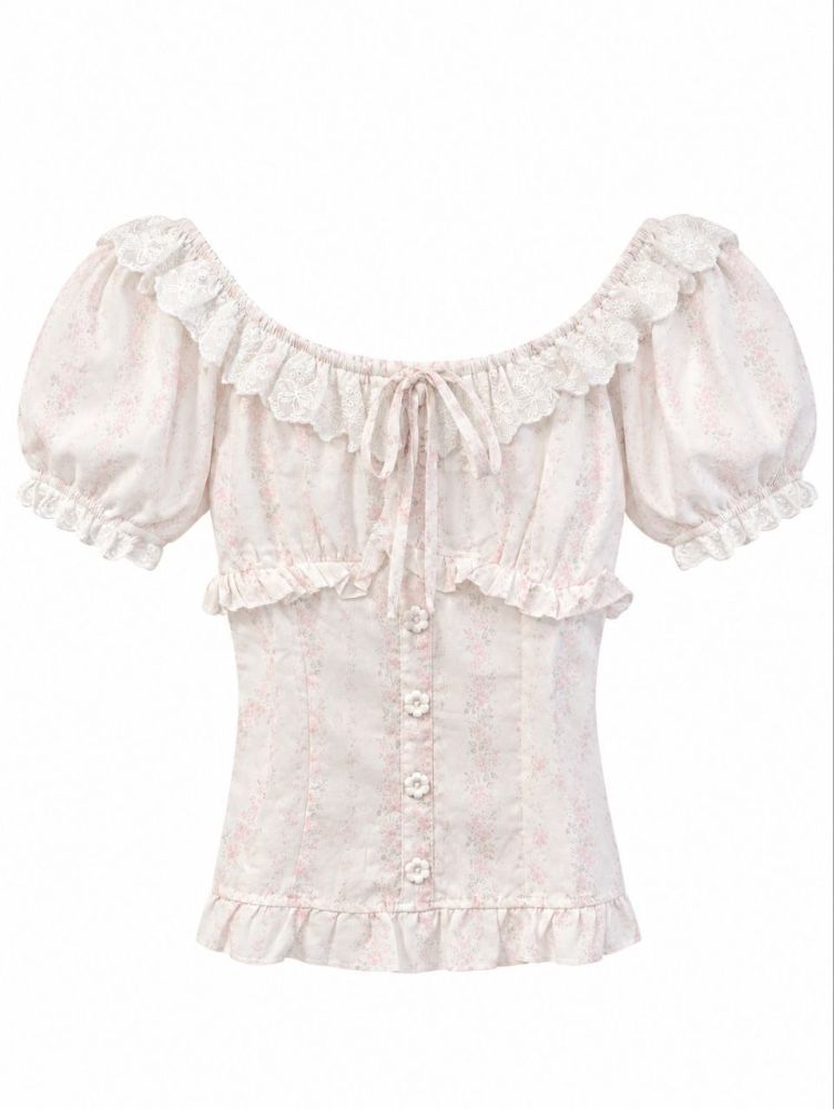 Vintage Floral Ruffle Sweetheart Blouse - Gambar Galeri