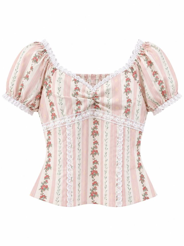 Vintage Floral Lace Puff Sleeve Blouse - Gambar Galeri