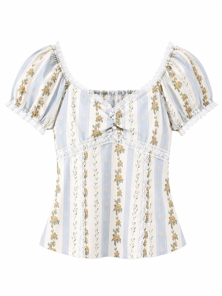Vintage Floral Lace Puff Sleeve Blouse - Gambar Galeri