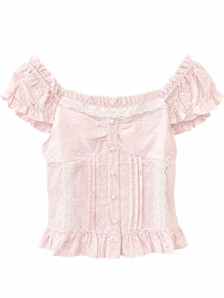 Vintage Rose Eyelet Ruffle Blouse - Gambar Galeri