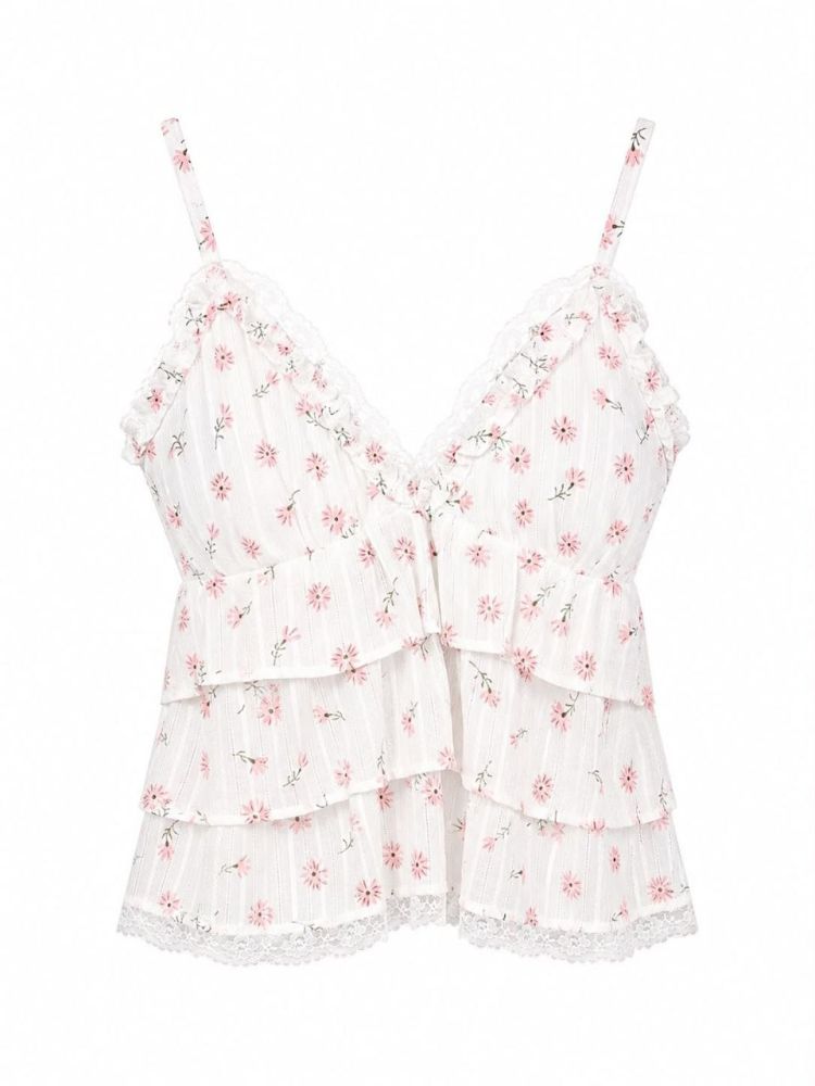 White Floral Tiered Ruffles Camp Top - Gambar Galeri