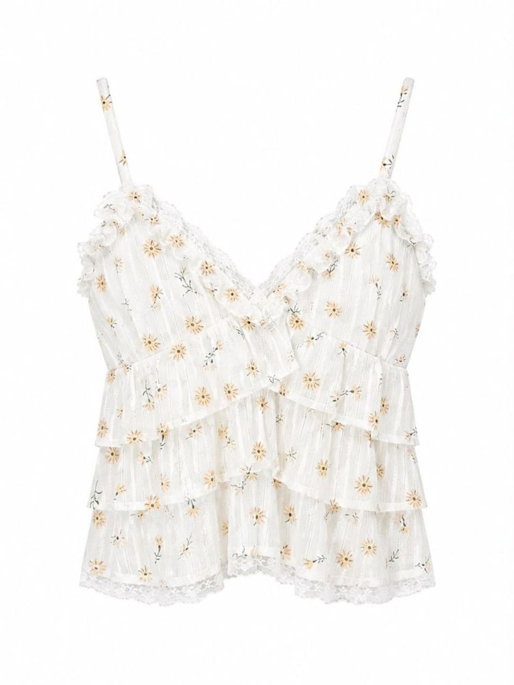 White Floral Tiered Ruffles Camp Top - Gambar Galeri