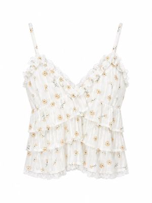 White Floral Tiered Ruffles Camp Top